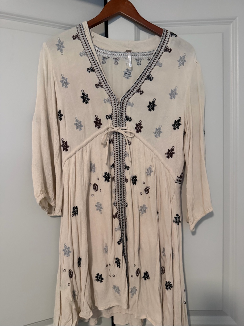 Cream Embroidered V-Neck Women's Dress
